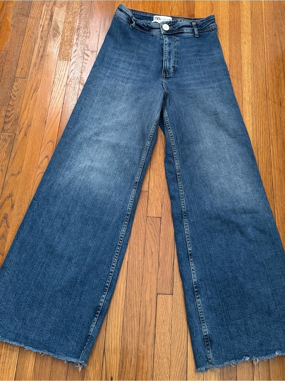 Zara The Marine Straight blue High-Rise Wide Leg raw hem  Jeans, size 4 western - Picture 4 of 12